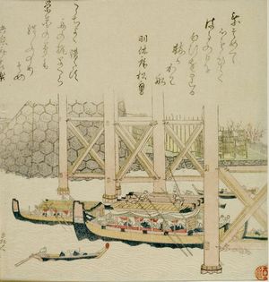 Katsushika Hokusai: Festival Boats Under Bridge, with poems by Hakyûan Shôkaku and Heisokusai Juraku, Edo period, - Harvard Art Museum