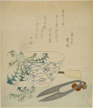 Katsushika Hokusai: Blue-and-White Bowl with Dandelions and Shears, with poem by Shinshôtei Shigenari, Edo period, - Harvard Art Museum