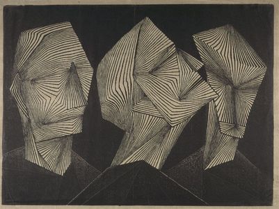 Japanese Print "Masks No. 3, Shôwa period, dated 1957" by Kinoshita Tomio