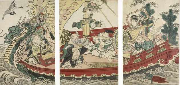 Utagawa Toyokuni I: Triptych: Seven Gods of Good Fortune (Shichifukujin) Playing Music and Dancing in the Ship of Treasures (Takarabune) - Harvard Art Museum
