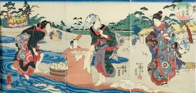 歌川国芳: Triptych: Musashi no Kuni: Chôfu no Tamagawa, Late Edo period, circa 1847-1852 - ハーバード大学