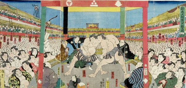 歌川国貞: Triptych: Sumô Wrestling Tournament (Kanzin ôsumô torikumi no zu), Late Edo period, 1858 - ハーバード大学