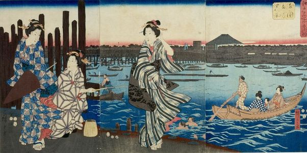 Utagawa Hiroshige: Triptych: Summer Evening at Ryôgoku Bridge, from the series... - Harvard Art Museum