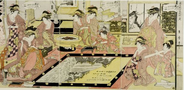喜多川月麿: Triptych: Courtesans Writing on Gaku as Offerings to the Temple Asakusa (Asakusa Kannon hôshoku-gaku no zu) - ハーバード大学