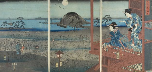 歌川広重: Triptych: Furyû Genji: Akashi (Hiroshige landscape, Kunisada [main] figures), Late Edo period, 1835 - ハーバード大学