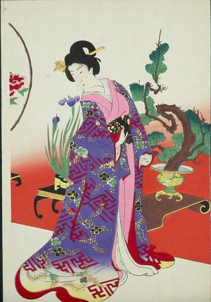 豊原周延: Arranging Flowers (Ikebana), from the series The Appearance of Upper-Class Women of the Edo Period (Tokugawa jidai kifujin no sugata), Meiji period, dated September 1, 1900 - ハーバード大学
