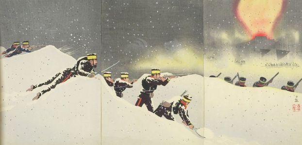 小林清親: Triptych: Hyaku-shaku Gaisho kôgeki no zu, Meiji period, dated 1895 - ハーバード大学