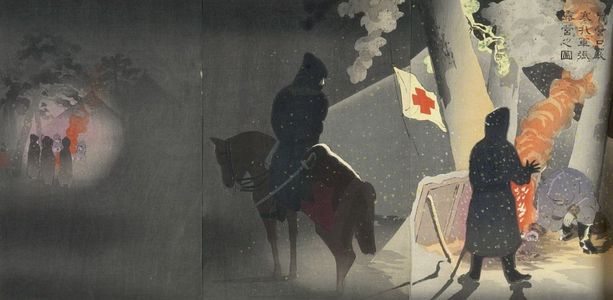 Kobayashi Kiyochika: Triptych: Braving the Bitter Cold, Our Troops Set Up Camp at Yingkou (Eikô no genkan o okashite wagagun roei haru no zu), Meiji period, dated 1895 - Harvard Art Museum