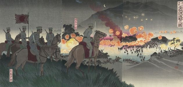 小林清親: Triptych: Crossing Anjô Proceeding in Battle (Anjô o watari shingeki no zu), Meiji period, dated 1894 - ハーバード大学