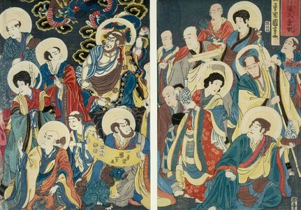 歌川国芳: Triptych: Actors as the Sixteen Arhats (Mitate: Jûroku Rakan), Late Edo period, 19th century - ハーバード大学