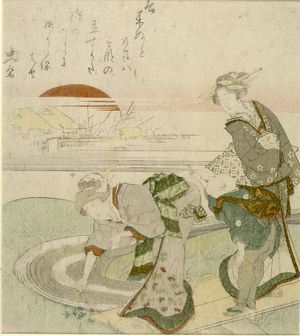 魚屋北渓: Two Women and Boy on Bridge over Stream, Edo period, circa 1815 - ハーバード大学