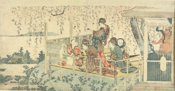 Katsushika Hokusai: Three Women and Two Children on Balcony by Temple, Edo period, - Harvard Art Museum