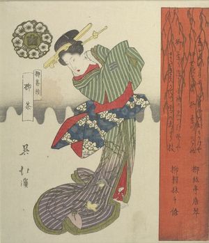 魚屋北渓: Courtesan Looking at Kimono Train/ Willow Tea (Yanagi-cha yui), from the Series for the Willow Group (Yanagi bantsuzuki), with poems by Ryûgentei Karakoto and Ryûtarin Senjô, Edo period, - ハーバード大学