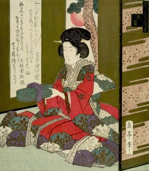 Yashima Gakutei: Woman Holding a Letter Box/ Letter Box (Fubako), from the series Seven Designs for the Katsushika Circle (Katsushika shichiban tsuzuki), with poems by Bunkeisha Shiomichi and Bunrinsha Matsunami, Edo period, circa 1826 - Harvard Art Museum