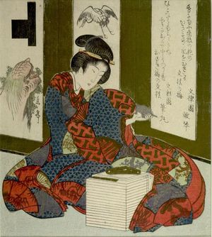 Yashima Gakutei: Woman Holding a Tortoise-shaped Paperweight/ Paperweight (Bunchin), from the series Seven Designs for the Katsushika Circle (Katsushika shichiban tsuzuki), with poems by Bunritsuen _koto and Bunsaien Fudemaru, Edo period, circa 1826 - Harvard Art Museum