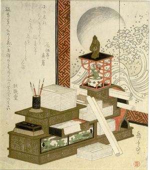 屋島岳亭: Writing Materials, Pot of Adonis (Fukujusô) and Screen, with poems by Kasaitei Mayoshi and Kyôkadô (Shikatsube no Magao), Edo period, circa 1820 - ハーバード大学