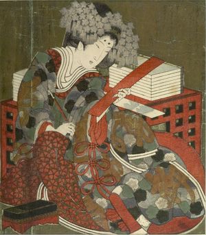 屋島岳亭: Woman with Poetry Slip (Tanzaku), with poems by Reitensha Sodenari, Ryûsuitei Sodezumi and Senrûtei, Edo period, circa 1825 - ハーバード大学