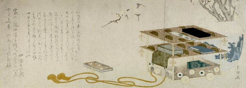 Katsushika Hokusai: Wheeled Writing Table (Fuguruma), Books and Plum Branches in Porcelain Vase, with poem by Yomo no Magao (Shikatsube no Magao), Edo period, 1795 - Harvard Art Museum