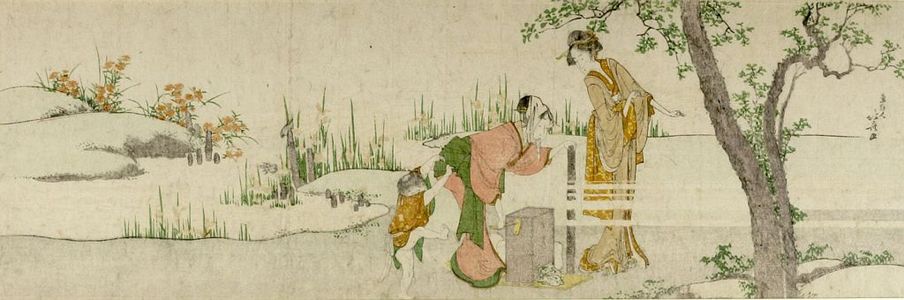 Katsushika Hokusai: Two Women Spooling Silk Accompanied by Child, Edo period, - Harvard Art Museum