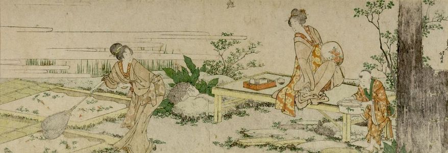 葛飾北斎: Two Women and Small Child Catching Goldfish, Edo period, - ハーバード大学