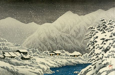 川瀬巴水: Snowfall at Nakayama, Hida (Hida Nakayama shichiri), from the series Souvenirs of Travels III (Tabi miyage daisanshû), Taishô period, dated 1924 - ハーバード大学