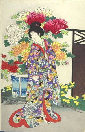 豊原周延: Woman with Chrysanthemums, Meiji period, circa 1890s - ハーバード大学