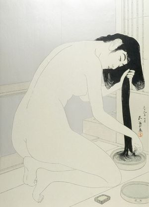 Hashiguchi Goyo: Female Bather Kneeling to Wash and Comb Her Hair, Taishô period, dated 1918 (7th month of Taishô 9) - Harvard Art Museum