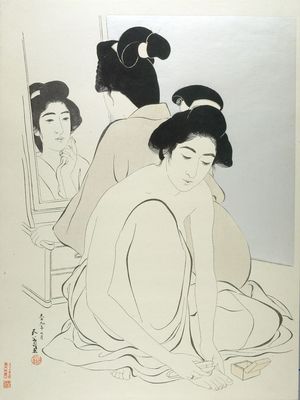 Hashiguchi Goyo: Two Female Bathers, One Kneeling and Giving Herself a Pedicure, One Seated and Looking at Her Reflection in a Mirror, Taishô period, dated 1918 (7th month of Taishô 9) - Harvard Art Museum