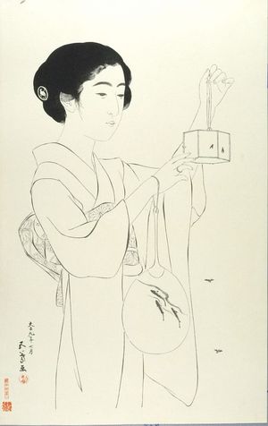 Hashiguchi Goyo: Woman with a Circular Fan and with a Small, Hexagonal Box with Fireflies, Taishô period, dated 1918 (7th month of Taishô 9) - Harvard Art Museum