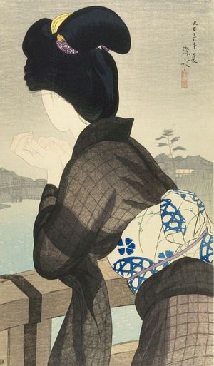 伊東深水: Cool Evening (Suzumi), from the series Twelve Figures of New Beauties (Shin bijin jûni sugata), Taishô period, dated 1922 - ハーバード大学