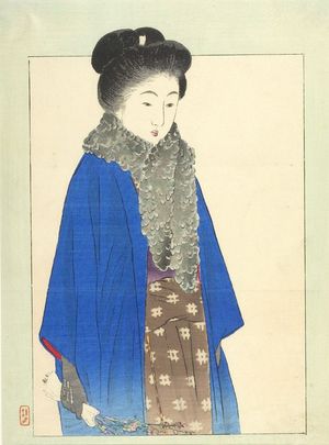 Takeuchi Keishu: Woman Wearing Fur and Gloves with Traditional Clothing - Harvard Art Museum