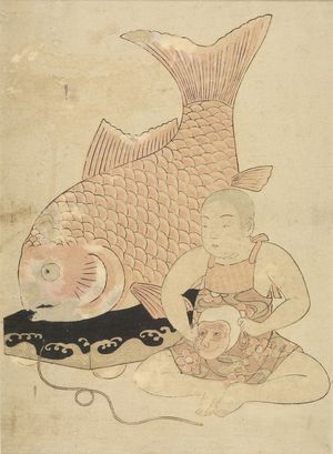 磯田湖龍齋: Child with a Monkey Mask and Tai Fish, Mid Edo period, circa 1770 - ハーバード大学