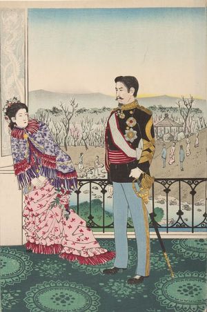 Kobayashi Kiyochika: Emperor Meiji and His Consort in the Plum Garden (Miyo shun'e no baien), Meiji period, dated 1887 - Harvard Art Museum