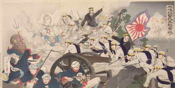 Mizuno Toshikata: Triptych: Attacking Pyongyang: The Japanese Army Forged through the Enemy Stronghold (Heijô Kôgeki waga gun tekiruio nuku), Meiji period, dated 1894 - Harvard Art Museum