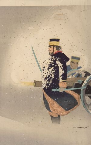 小林清親: Despite the Snow the Japanese Army Perseveres to Hold Their Strong Position at Wei-hai-wei (Yuki o okashite waga gun Ikaiei no kenrui o nuku zu), Meiji period, dated 1895 - ハーバード大学