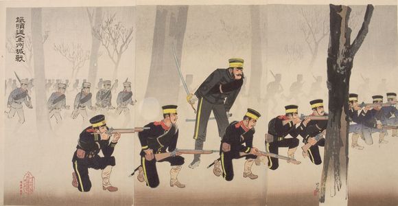 Kobayashi Kiyochika: Triptych: Battle at Kinshujô on the way to Ryojun (Ryojun-dô Kinshujô sen), Meiji period, dated 1894 - Harvard Art Museum