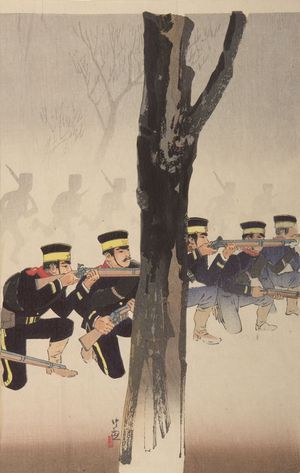 小林清親: Battle at Kinshujô on the way to Ryojun (Ryojun-dô Kinshujô sen), Meiji period, dated 1894 - ハーバード大学