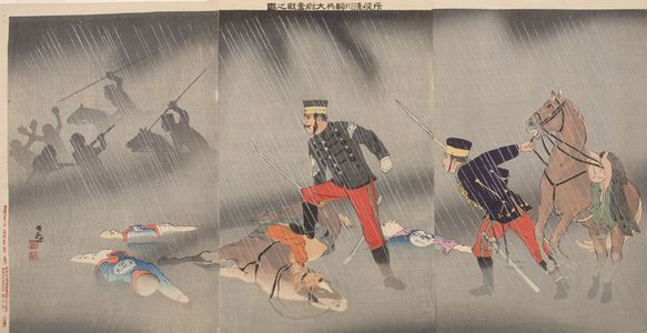 Kobayashi Kiyochika: Triptych: Captain Asakawa Scouts the Battle and Fights Bravely (Sekkô Asakawa Kiheitaii Funsen no zu), Meiji period, dated 1895 - Harvard Art Museum
