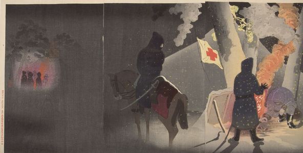 Kobayashi Kiyochika: Triptych: Braving the Bitter Cold, Our Troops Set Up Camp at Yingkou, Meiji period, dated 1895 - Harvard Art Museum