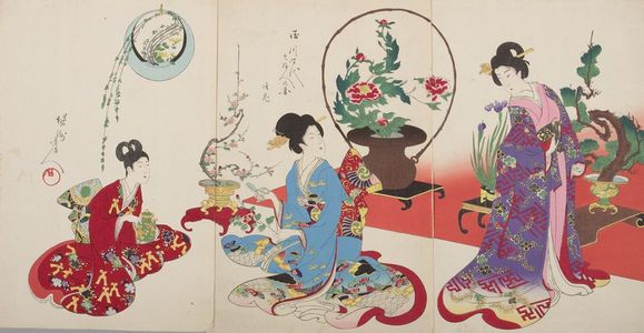 豊原周延: Triptych: Arranging Flowers (Ikebana), from the series The Appearance of Upper-Class Women of the Edo Period (Tokugawa jidai kifujin no sugata), Meiji period, dated September 1, 1900 - ハーバード大学