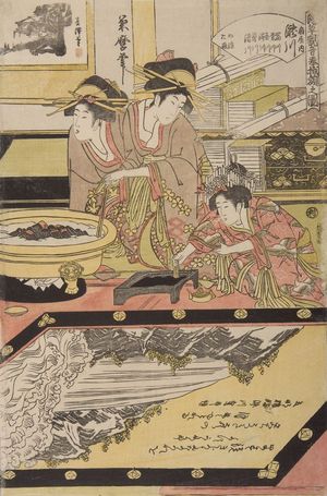 喜多川月麿: Courtesans Writing on Gaku as Offerings to the Temple Asakusa (Asakusa Kannon hôshoku-gaku no zu) - ハーバード大学