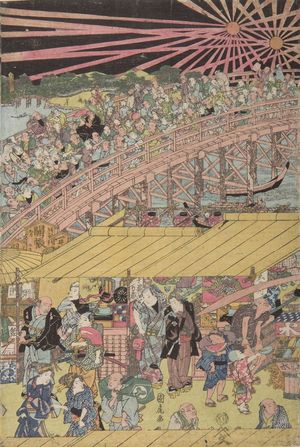 Utagawa Kunitora: Great Fireworks at the Ryôgoku Bridge in Edo (Edo Ryôgoku bashi yûsuzumi dai hanabi no zu) - Harvard Art Museum