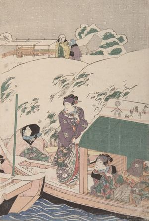 歌川国貞: Evening Snow at Mimeguri (Mimeguri no yosetsu) - Actors and Courtesans Getting on a Boat, Late Edo period, 19th century - ハーバード大学