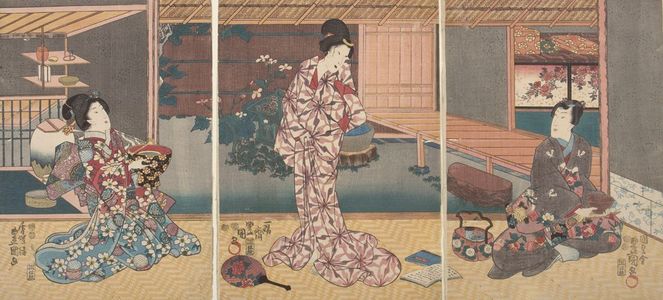 Utagawa Kunisada, 歌川国貞 (Utagawa Kunisada)による浮世絵「Triptych: Scene from "Rustic Genji" (Inaka Genji), Late Edo period, circa 1847-1852」