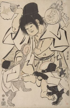 鳥居清長: Kintarô Dancing with a Monkey and Bear, Late Edo period, dated 1792 - ハーバード大学