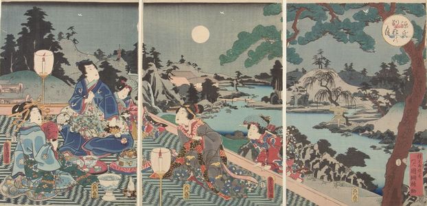 歌川国貞: Triptych: Moonviewing at Genji's Country Villa (Genji bessô no tsuki), Late Edo period, 19th century - ハーバード大学