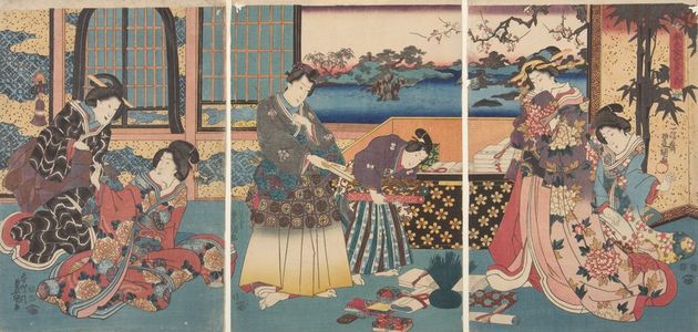 歌川国貞: Triptych: Abundant New Year Congratulations of the House of Spring Colors (Shunshoku-ya kata no kotobuki), Late Edo period, circa 1847-1852 - ハーバード大学
