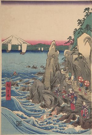 Utagawa Hiroshige: Worshippers Approaching the Benzaiten Statue at the Main Shrine, Iwaya (Sôshû Enoshima Benzaiten kaichô môde Hongû Iwaya no zu) - Harvard Art Museum