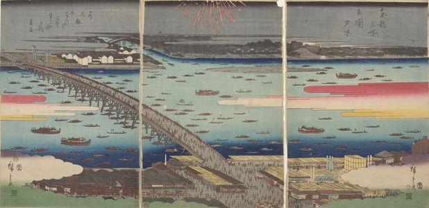 歌川広重: Triptych: Famous Places of the Eastern Capital: Evening Cool at Ryôgoku Bridge - ハーバード大学