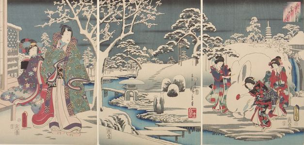 歌川国貞: Triptych: Garden of Snow, from the series 